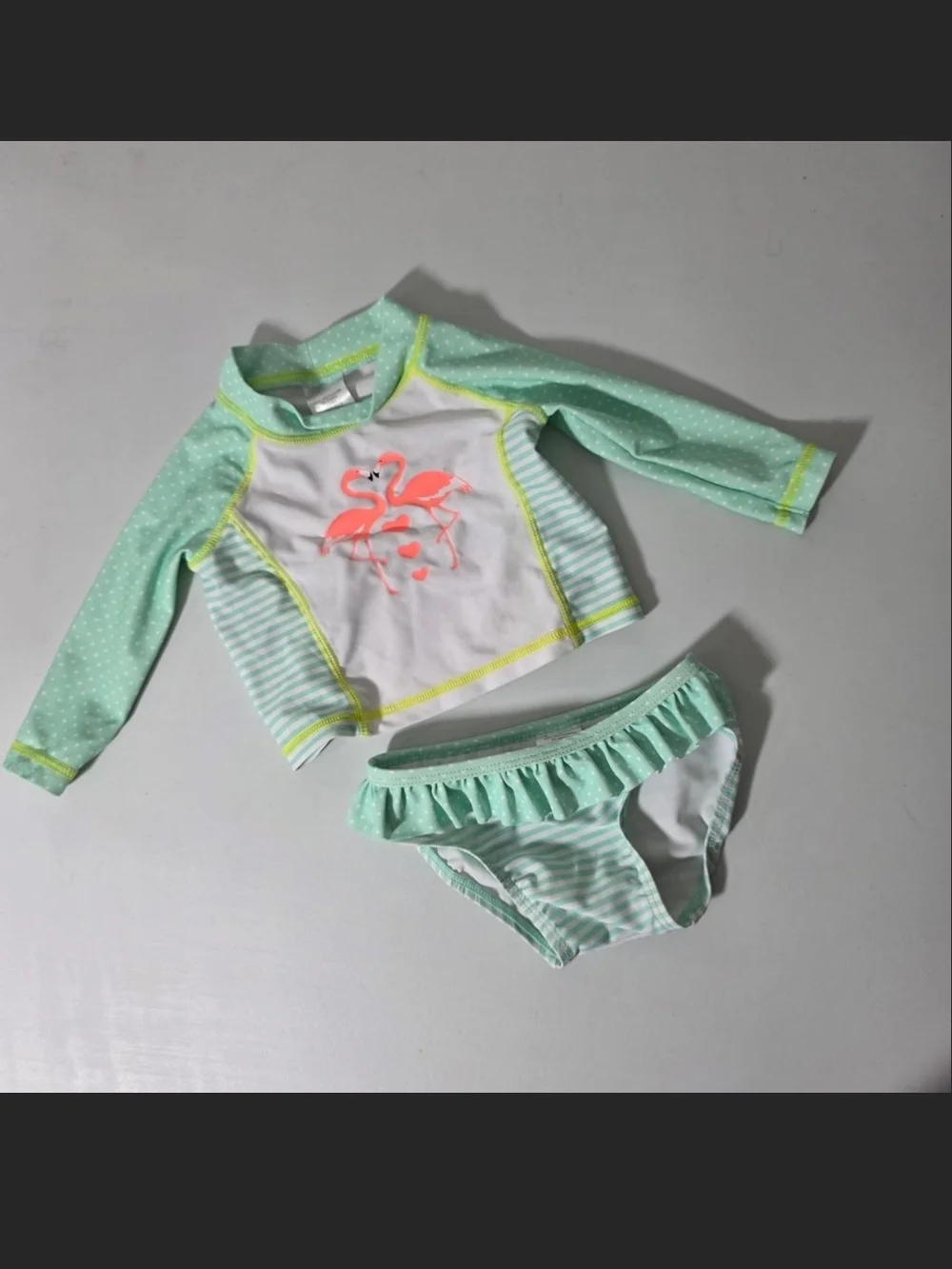 Kids Mint Flamingo Rash Guard Swim Set - Long Sleeve Top & Ruffle Bottom